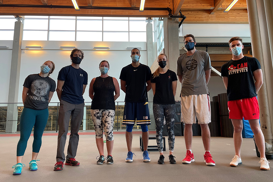 From left to right: Kelleigh Ryan (Fencing), Jeremiah Barnert (CSI Calgary), Chelsea Carey (Curling), Jordan Jensen-Whyte (Basketball), Alanna Goldie (Fencing), Kyle Landry (Basketball), and Gaelan Patterson (Waterpolo).